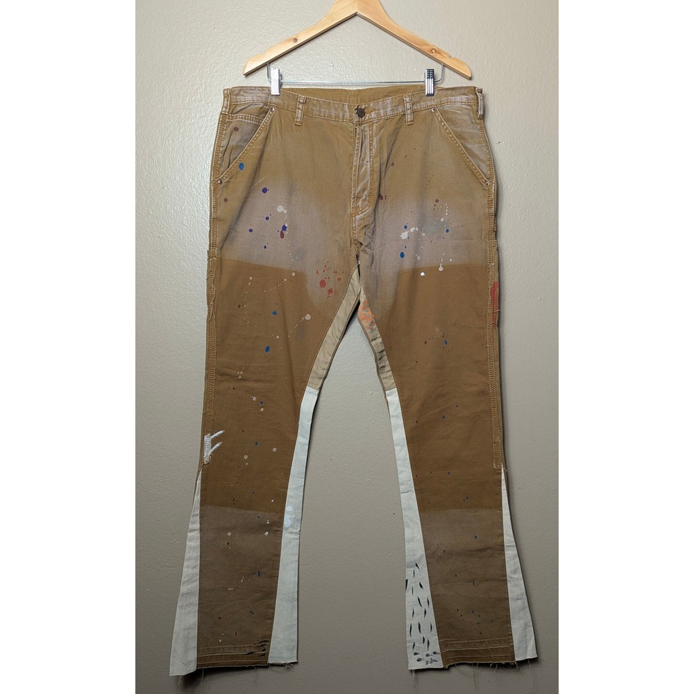 mnml Carpenter Pants Mens 38 Khaki Flare Paint Splatter Streetwear Distressed